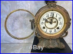 New Haven Bronze Clock Highly Decorated Case Wood Base Unique Glass Topper