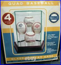 New Steiner Quad Glass 4 Baseball Display Case With Wood Base & Mirrored Bottom