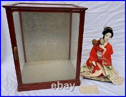 Old Authentic Japanese Geisha Doll Silk Kimono Wood Glass Case Artist Identified