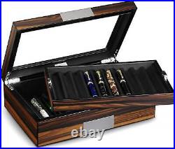 Pen Display Box Case Organizer With Tray For 20 Pens Ebony Wood Box Glass Window