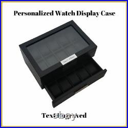 Personalized 20 Black Wood Watch Case Drawer Jewelry Glass Top Display Case