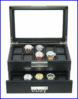 Personalized 20 Black Wood Watch Case Drawer Jewelry Glass Top Display Case