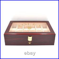 ROLEX Display Case Watch Box 12 Pieces Logo Gold Cherry Wood Glass Top