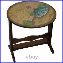 Rare English Oak Tilt Top Side Table With Hand Painted Picture Glass Case Lovely