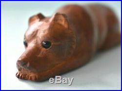 Rare Hand Carved Wood Antique Sewing NEEDLE CASE Dog Glass Eyes Bornholm Denmark