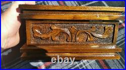 Rare Hand Carved Wood & Glass Locking Display Case With Secrete Lock Jewelry Box