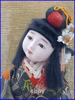 Rare Vintage 14-3/4 Japanese Mom With Child Geisha Doll Wood Base in Glass Case