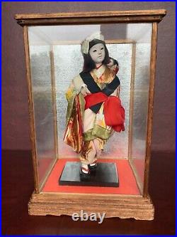 Rare Vintage Japanese Mom With Child on Wood Base in Glass Case