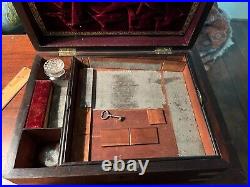 RosewoodMahogany 1825 writing box w Sheffield plate glass jars & nib flint