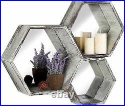Rustic Wood Hexagon Wall Mounted Floating Shelves with Mirrored Backing, Set of 3