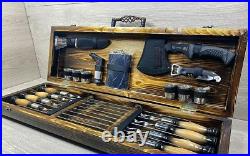 Set Grill skewer axe knife flask glasses Barbecue Tools gift for BBQ wooden case