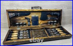 Set Grill skewer axe knife flask glasses Barbecue Tools gift for BBQ wooden case