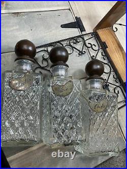 Set of 3 Liquor Decanters with Tags Gin Scotch Whisky Cut Glass Bar Set In Case