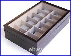 Solid Espresso Wood Watch Box Organizer with Glass Display Top 12 Slot by Cas
