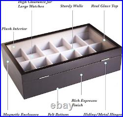 Solid Espresso Wood Watch Box Organizer with Glass Display Top 12 Slot by Case E