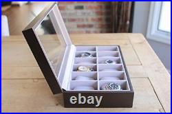 Solid Espresso Wood Watch Box Organizer with Glass Display Top 12 slot by Case