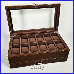 TAWBURY Mens Watch Box Display Case Wood Luxury Organizer 12 Slot PU Leather