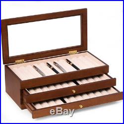 Three Level Cherry Wood 36 Pen Storage Case With Glass Top