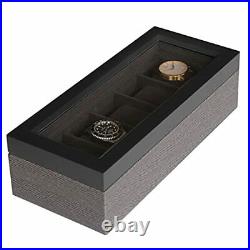 Two-Toned Herringbone and Solid Wood Watch Box Organizer Case with Glass Black