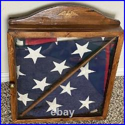 US Military Embroidered Memorial For 2 Flags Wood/Glass Display Case 19 x 17