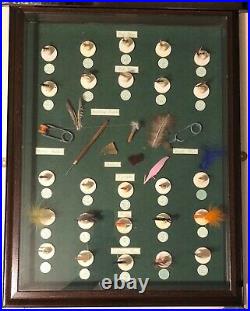 VINTAGE FLY FISHING LURES in WOOD & GLASS DISPLAY CASE Dry Wet Flies Nymphs