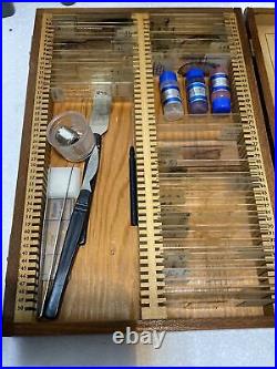 VINTAGE RESEARCH MICROSCOPE WOOD CARRYING CASE GLASS SLIDES LENSES + More