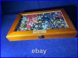 Vintage 300 Buttons on Pins Collection Arranged in Wood and Glass Display Case