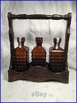 Vintage Amber Glass Diamond Pattern Empty Decanter Set WithWood Case Made In Spain
