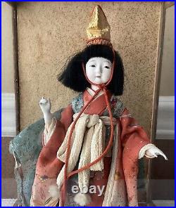 Vintage/ Antique Japanese Gofun Hina Doll in Glass & Wood Display Case