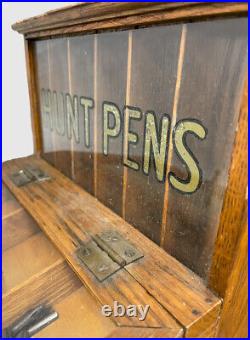 Vintage Antique Wood Wooden Hunt Pens Caligraphy Store Glass Sale Case Pens Oak