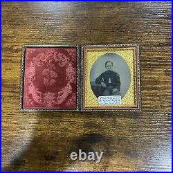 Vintage Antique Young Boy Tin Type on Glass Tintype Photo Case Wood Gilt Rose
