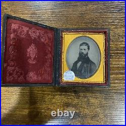 Vintage Antique Young Man Tin Type on Glass Tintype Photo Case Wood Gilt Rose