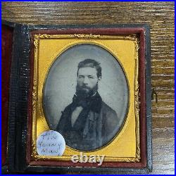 Vintage Antique Young Man Tin Type on Glass Tintype Photo Case Wood Gilt Rose