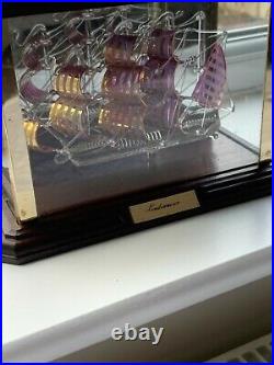 Vintage Art Glass Model of Endeavour Sailing Ship in Wood & Glass Case Mirror