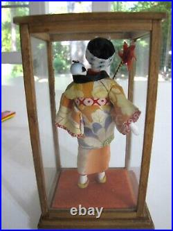 Vintage Asian Doll Plus Baby Glass Eyes Hand Painted Silk Kimono Wood Glass Case