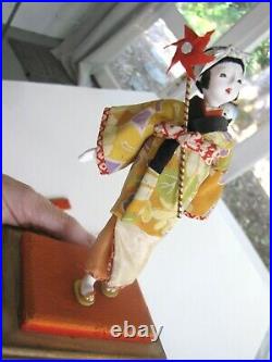 Vintage Asian Doll Plus Baby Glass Eyes Hand Painted Silk Kimono Wood Glass Case