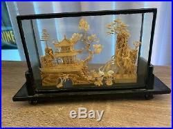 Vintage Chinese Cork Carving Art Scene In Glass Case Wood Stand 9.5 X 2.5 X 6