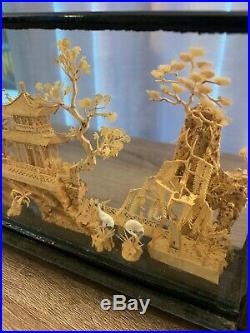 Vintage Chinese Cork Carving Art Scene In Glass Case Wood Stand 9.5 X 2.5 X 6
