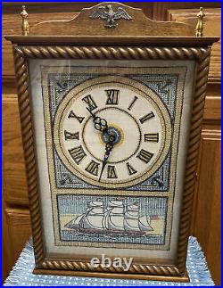 Vintage Clipper Needlepoint Wood Glass Ship Case Wall Clock 18.5x11x3.5 USA