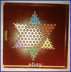 Vintage Collectible Chinese Checkers Glass Marbles Fun Family Game Wood Case