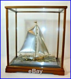 Vintage Deco Silver Single-Masted Sailboat (Sloop) in Glass & Wood Display Case