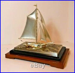 Vintage Deco Silver Single-Masted Sailboat (Sloop) in Glass & Wood Display Case
