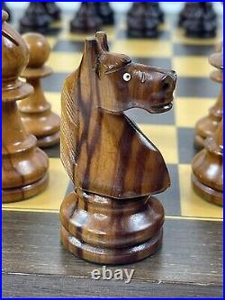 Vintage French Staunton Chess Set Glass Eye Knights Case Board