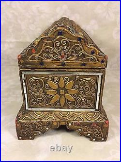 Vintage Glass Jeweled Jewelry Box Wood with Domed Top