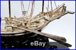 Vintage H K Sterling Silver Junk Ship In Custom Wood & Glass Covered Case