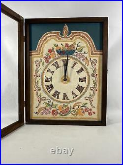 Vintage Handmade Fruit Needlepoint Wood Glass Shadow Case Box Wall Clock Shadow