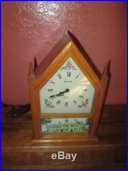 Vintage Herschede Strike Mantel Clock Wood Casing Glass Picture of Building