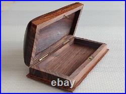 Vintage Indian Oval Teak Wood Inlaid Brass Art Trinket Jewelry Glasses Case Box