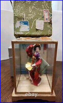 Vintage Japanese (Box Dated 1924) Geisha Doll In Glass Wood Case