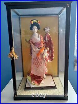 Vintage Japanese Geisha Doll In Glass Wood Case